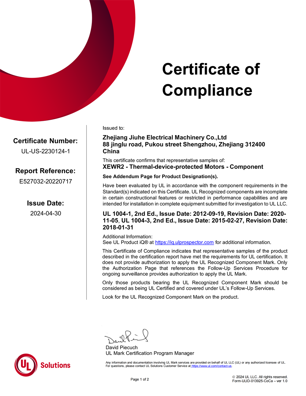 UL LISTED Certificate